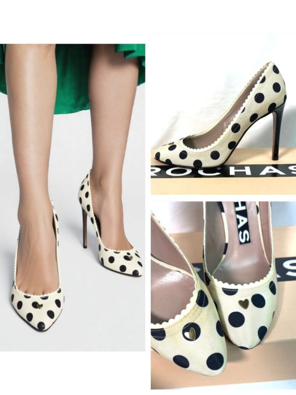 NIB Rochas twill leather polka dots heels 7 made in Italy 7